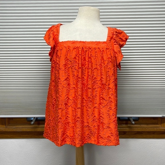 LC Lauren Conrad NWT Coral Ruffled Sleeve Square Neck Cross Back Top - Picture 3 of 12